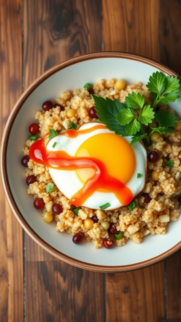 A breakfast bowl with quinoa and a sunny-side-up egg, garnished with herbs and hot sauce.